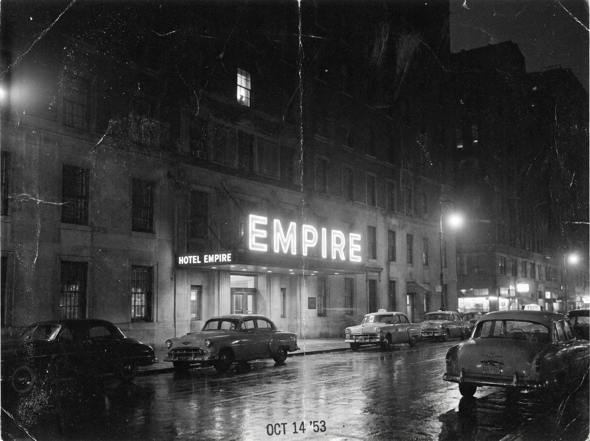 Reconstituição do Hotel Statler à noite, cenário da queda de Frank Olson em 1953