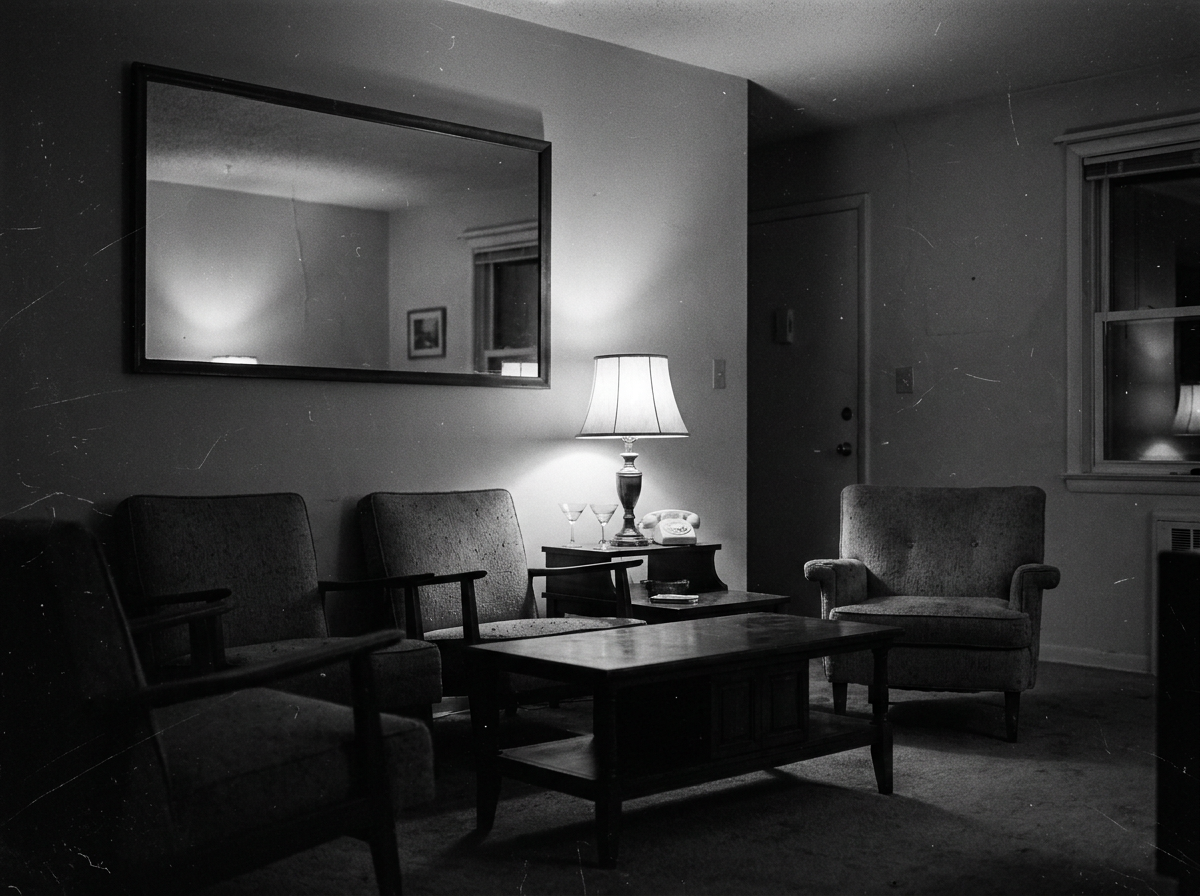 Reconstituição de um apartamento usado como casa segura na Operation Midnight Climax, com espelho de visão unilateral
