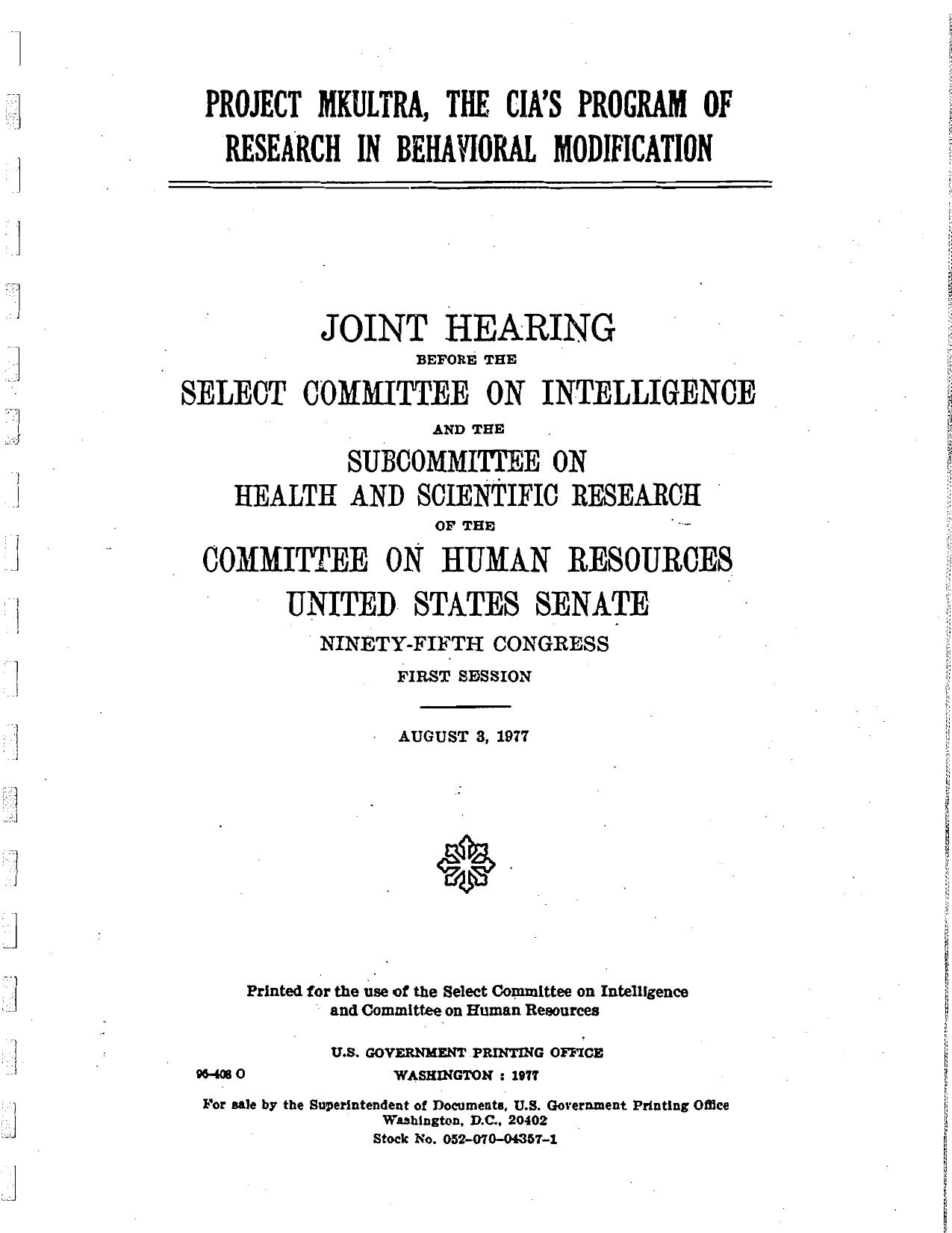 Página do relatório conjunto do Senado dos Estados Unidos sobre o Projeto MKULTRA, 1977